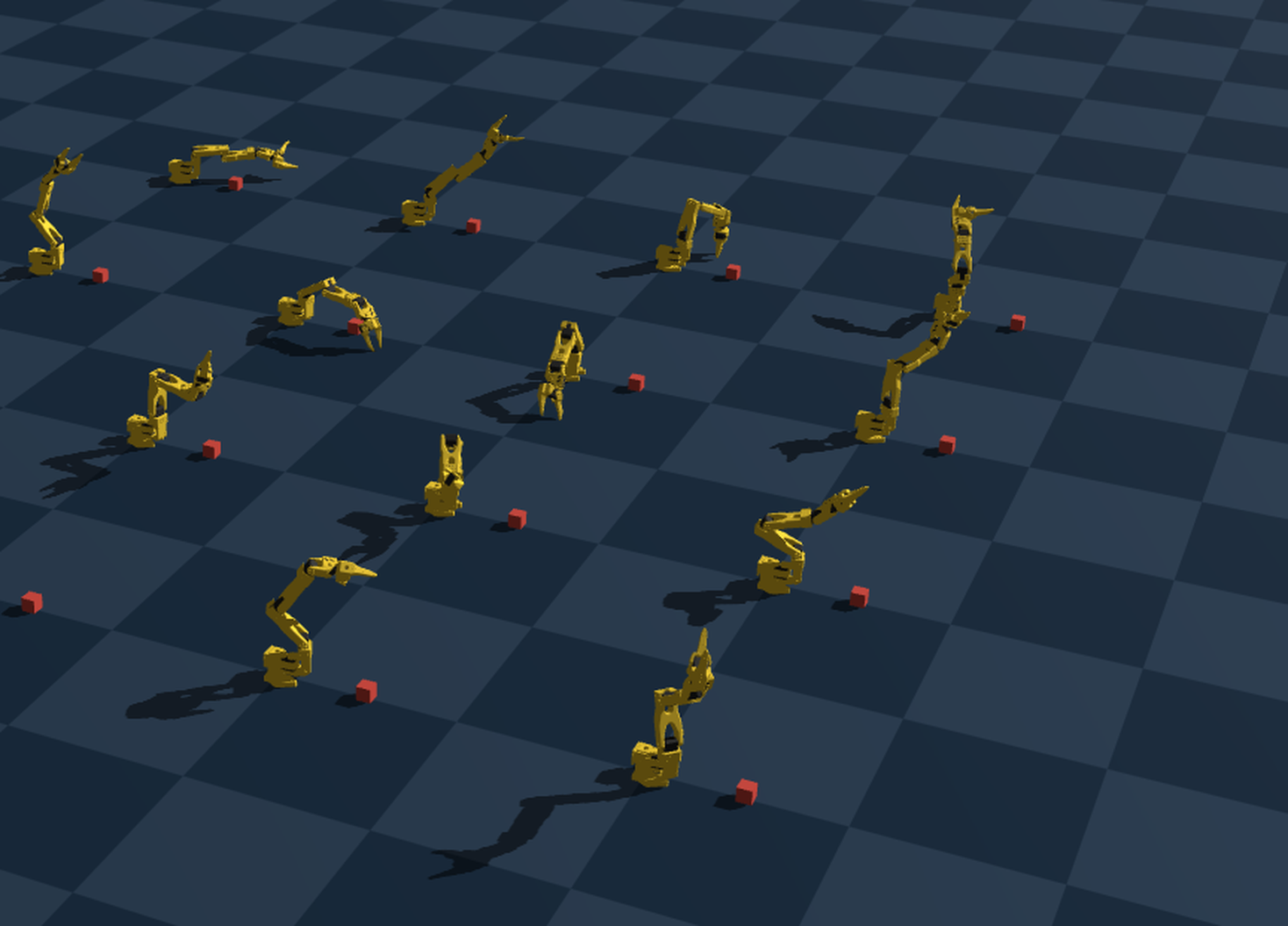 16 parallel SO-101 environments training in Genesis